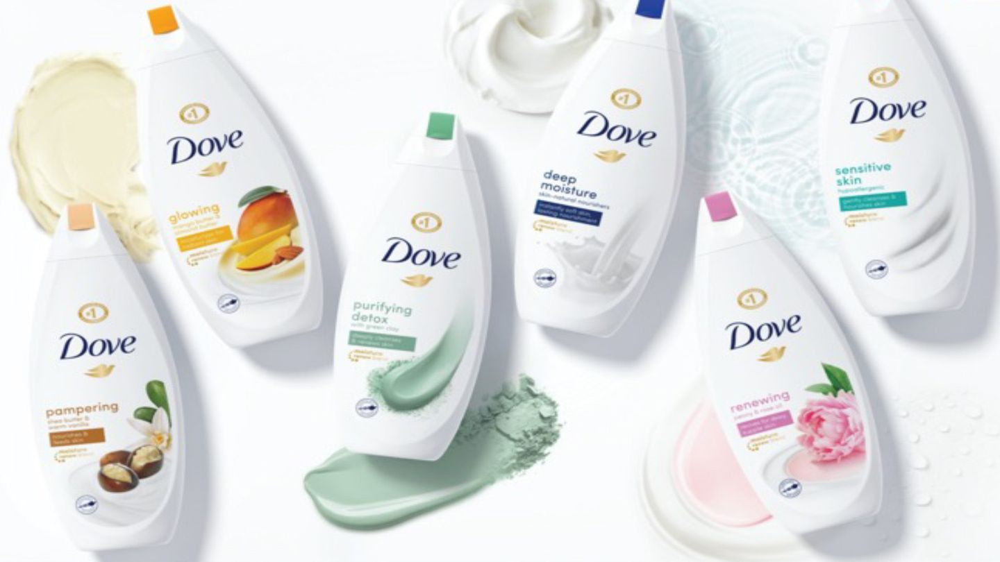 Dove body wash tubs laid out on display