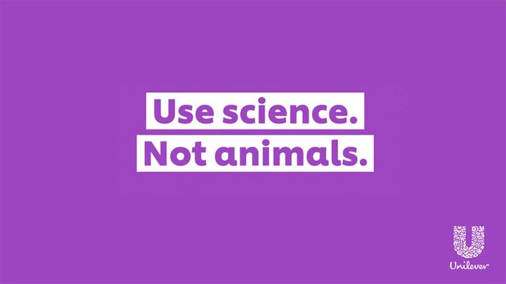Purple background with white writing saying use science not animals