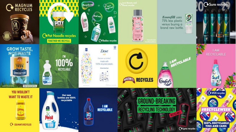 Image shows a poster of Unilever brands and their recycle week campaigns