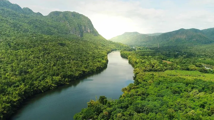 An image of a lush green forest surrounding a river with mountains on both sides connected to the valley.