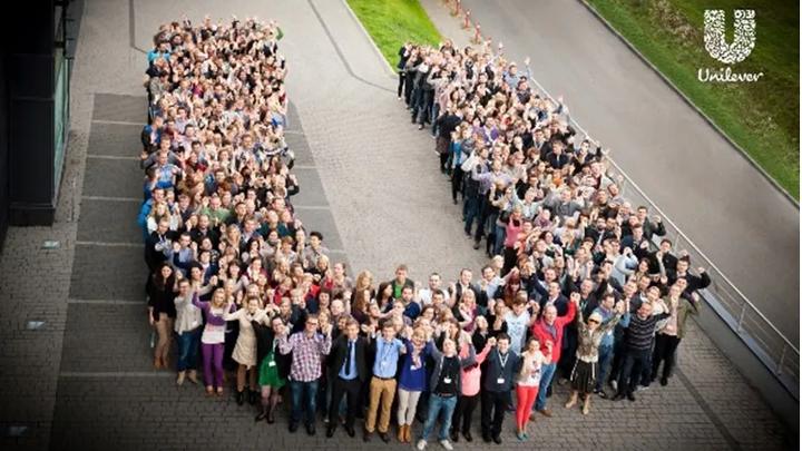 An aerial shot of Unilever employees forming the letter U