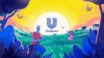 Paysage du monde avec des personnages et un logo Unilever. Récolte de plantes d’agriculteurs. Arbres, soleil, montagnes, ferme éolienne.
