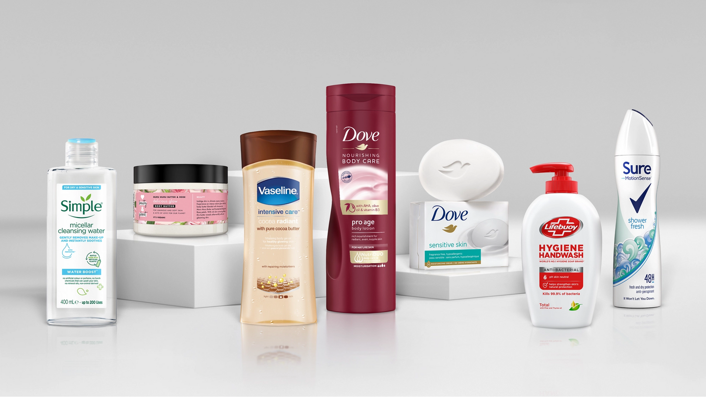 Products from some of Unilever’s Positive Beauty brands including Dove, Simple, Vaseline, Lifebuoy, Love Beauty and Planet.