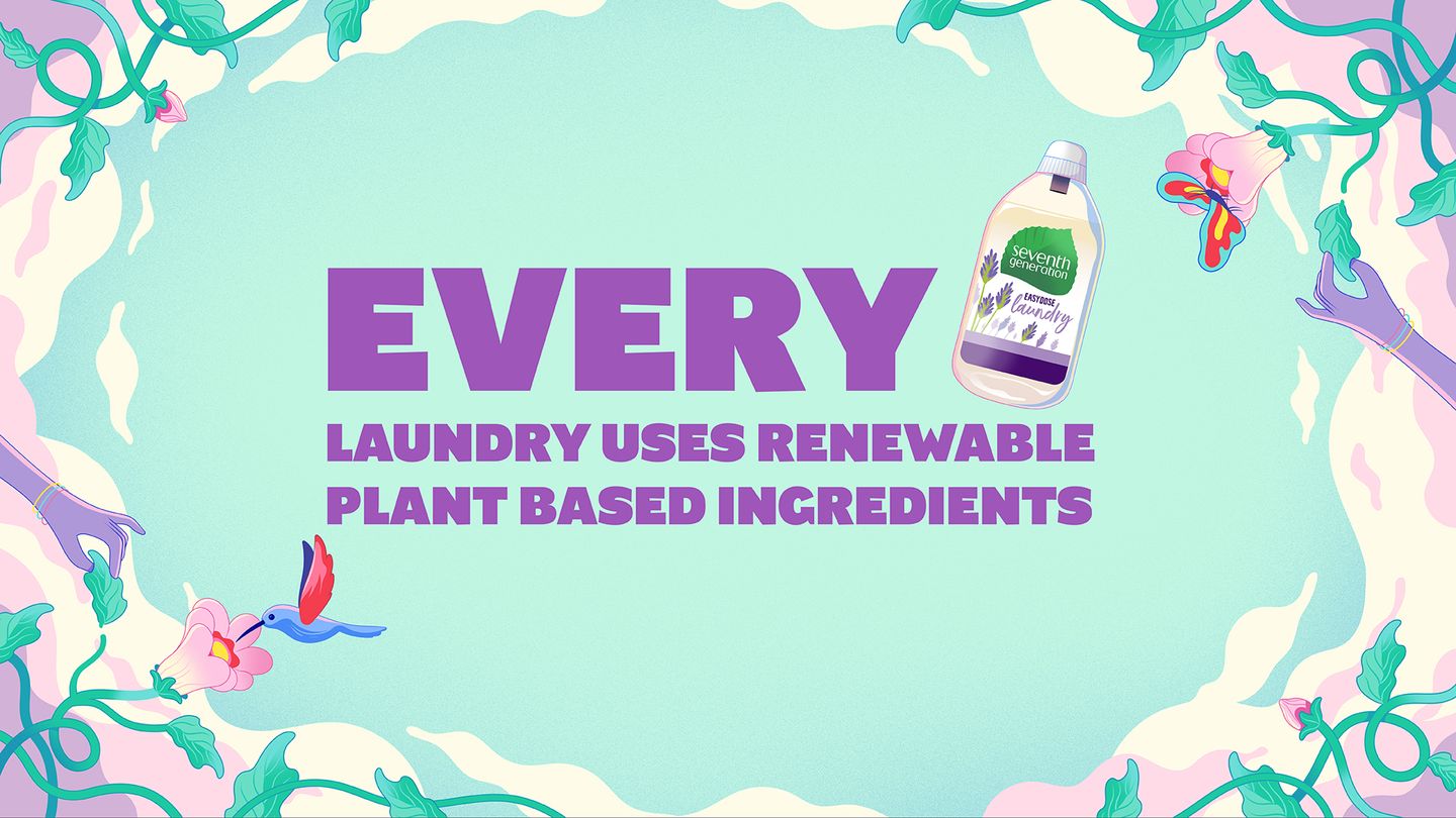 Seventh Generation purpose scene, Easy Dose laundry SKU. Vine, leaves, flowers, hummingbird.
