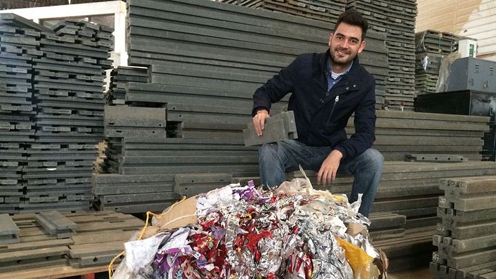 Oscar Andres Mendez with recycled plastic