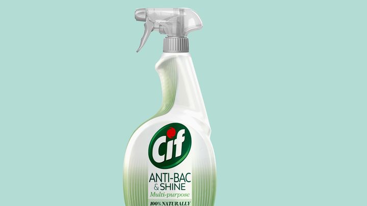 Recyclable trigger on a bottle of Cif Anti-Bac & Shine Multi-purpose spray cleaner.