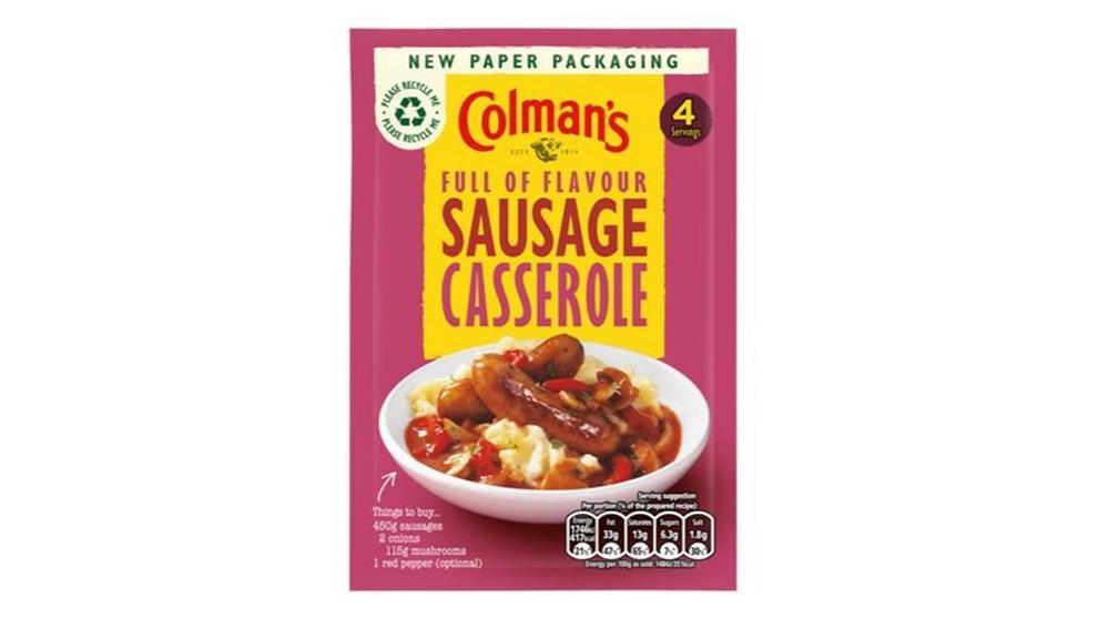 Image shows sachet for Colman’s sausage casserole