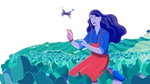 an illustration of a woman in a field with a drone
