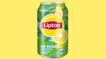 Can of Lipton No Sugar Lemon Iced Tea against a yellow background.