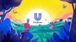 World scene with characters and Unilever logo. Farmer plants crop. Trees, sun, hills, wind farm