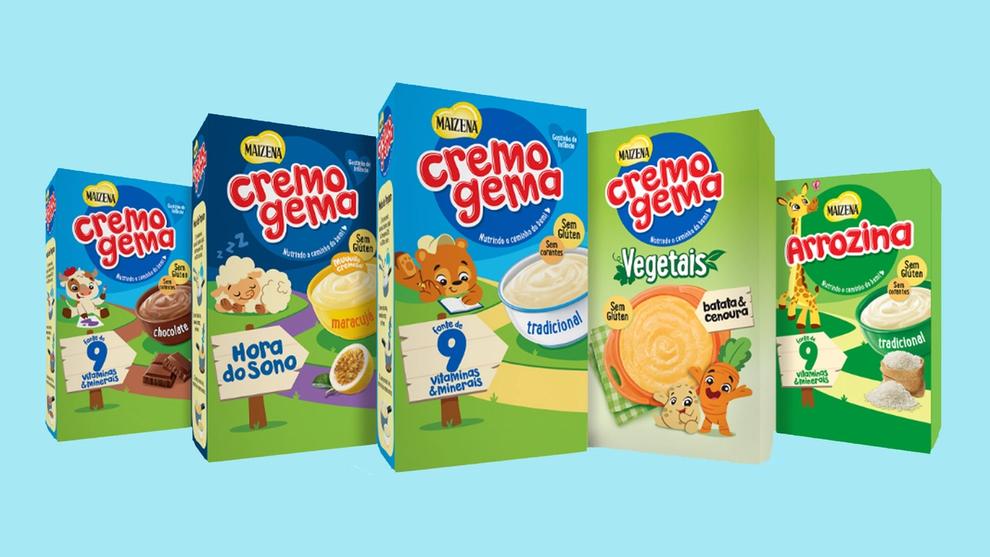 Five boxes of fortified porridge on a blue background.