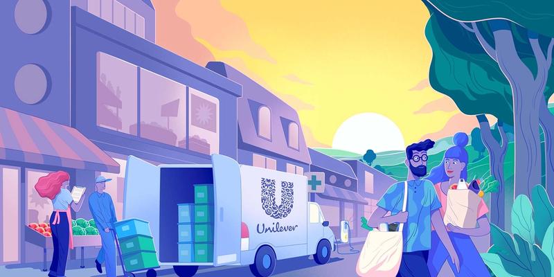 An illustration of a Unilever delivery van delivering products