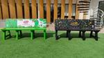 Benches made from recycle plastic with Lifebuoy and Sunsilk branding on it