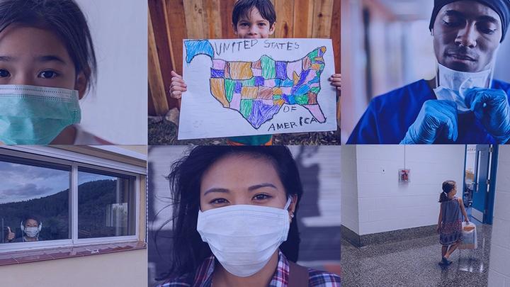 A collage of images featuring people wearing face masks and supporting communities affected by Covid-19