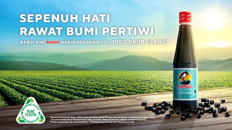 Bango advertisement. Our Bango brand in Indonesia is switching to 100% recyclable polyethylene terephthalate (PET) bottles.