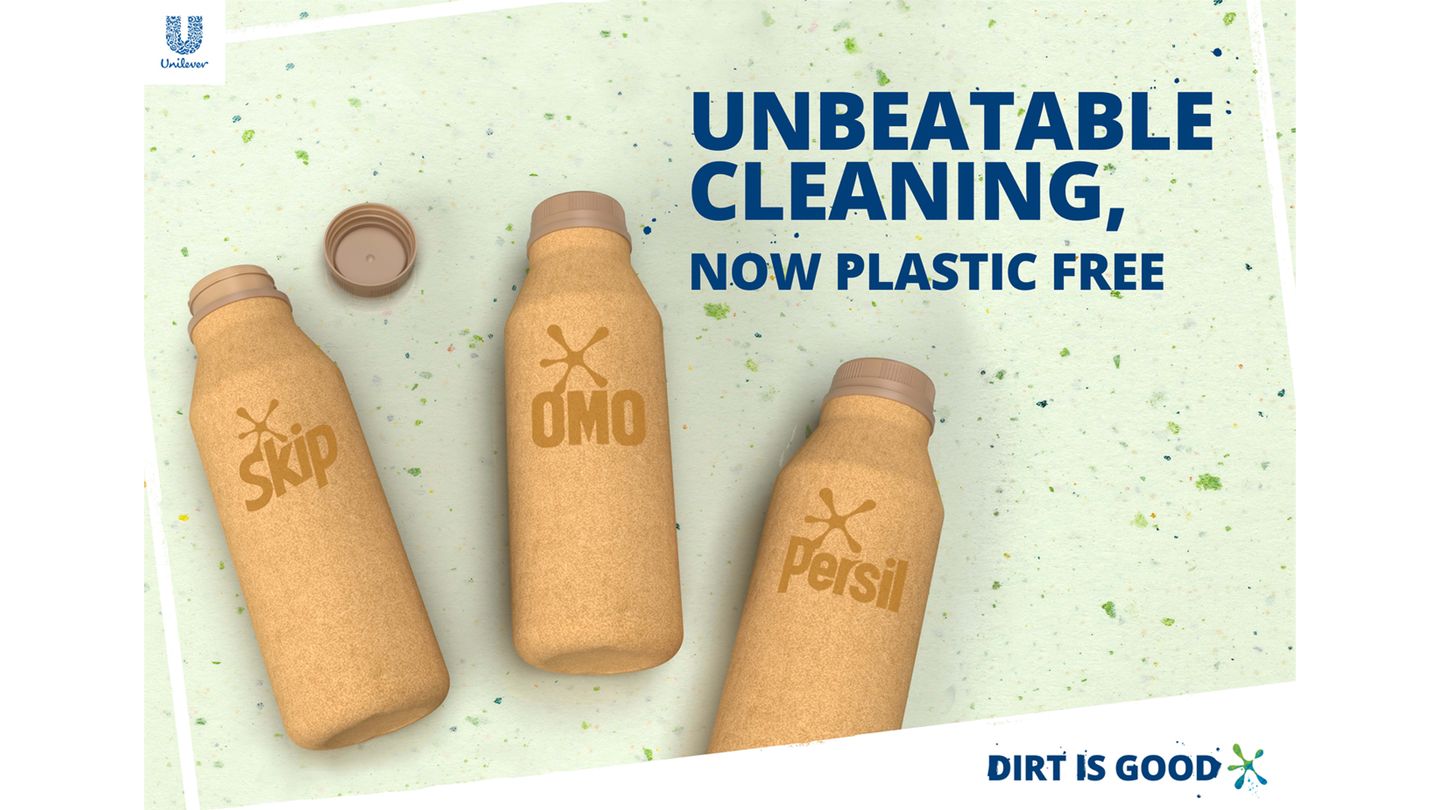 A promotional photograph of Skip, OMO and Persil refill bottles