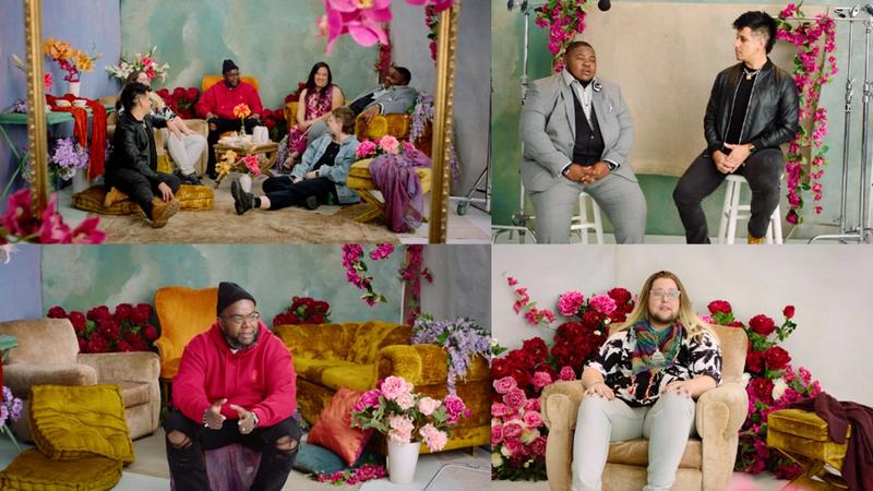 Collage of pictures from Tourmaline’s film. Includes images of multiple people speaking against a backdrop of flowers and colorful furniture.