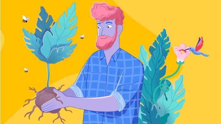 Illustration of a man holding a plant