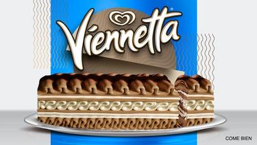 En un fondo azúl con detalles dorados se observa el logo de la marca y una Viennetta sabor chocolate con una rebanada partida. 