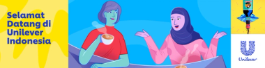 Teks Selamat Datang di Unilever Indonesia, logo Unilever, dan ilustrasi dua orang dengan minuman panas dan sebotol Bango di depan mulutnya