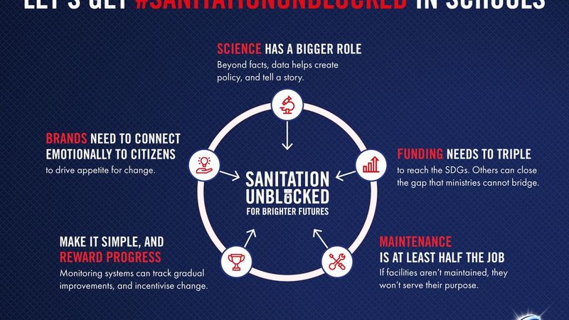 This diagram is an illustration of the five key outcomes experts believe are needed to get Sanitation Unblocked in schools.