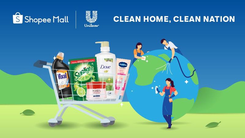 A cart of Unilever Home Care products beside a group of people cleaning up an image of the world