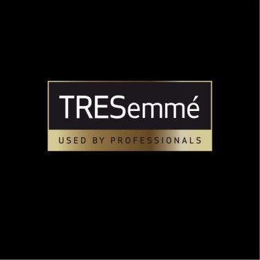 TRESemme is written in white letters, set against a black background. TRES is in caps, while emme is in small letters.