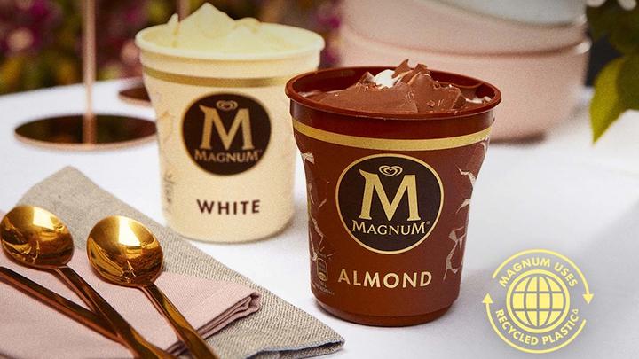 Two Magnum ice cream tubs made from recycled polypropylene. Magnum was the first ice cream brand to use rPP in its packaging.