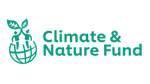 Fund logo, green icons of a man and woman holding a leaf on top of the world. Green text which says ‘Climate and Nature Fund’