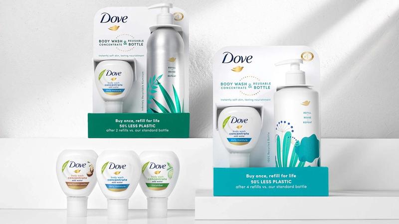 Dove’s new concentrated body wash products with reusable aluminium bottles and small, recyclable refill bottles.