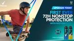 Rexona poster reading " First Ever 72H Nonstop Protection", two bottles of deodorant and a man without legs skateboarding