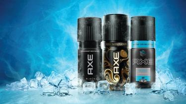 Three Axe products, Axe Black, Axe Dark Temptation, and Axe Fresh, lined up in a row