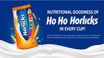 A pack of Horlicks against a blue and white background, with the words Nutritional goodness of ho ho Horlicks in every cup
