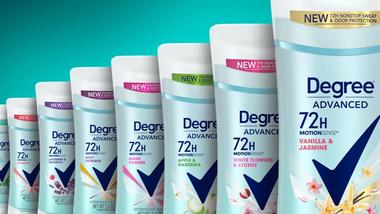 Eight Degree Advanced 72-hour MotionSense deodorant sticks are lined up. Each has a different fragrance. Degree is also sold as Rexona.