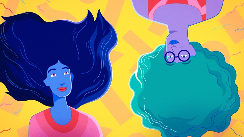 Illustration of two girls with flowing hair