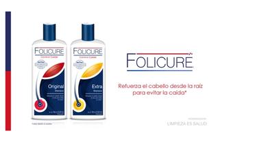 Shampoo Folicuré Original y Shampoo Folicuré Extra con el logo de Folicuré de lado derecho y el claim "Refuerza el cabello desde la raíz para evitar la caída*"