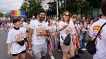 A group of people from Switchboard walking at Pride London