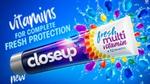 An ad for Unilever’s Closeup toothpaste picturing a tube of Closeup new Multi Vitamin toothpaste on a blue background.