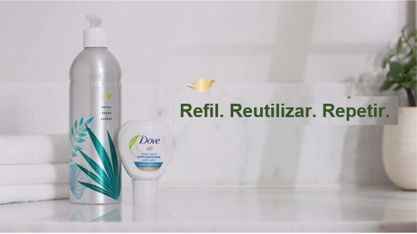 Dove’s new concentrated body wash which comes with a reusable aluminium bottle and small, recyclable refill bottles