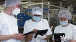 Trois membres d'une équipe d'usine en uniformes blancs, masques et filets à cheveux se concertent en regardant des iPads