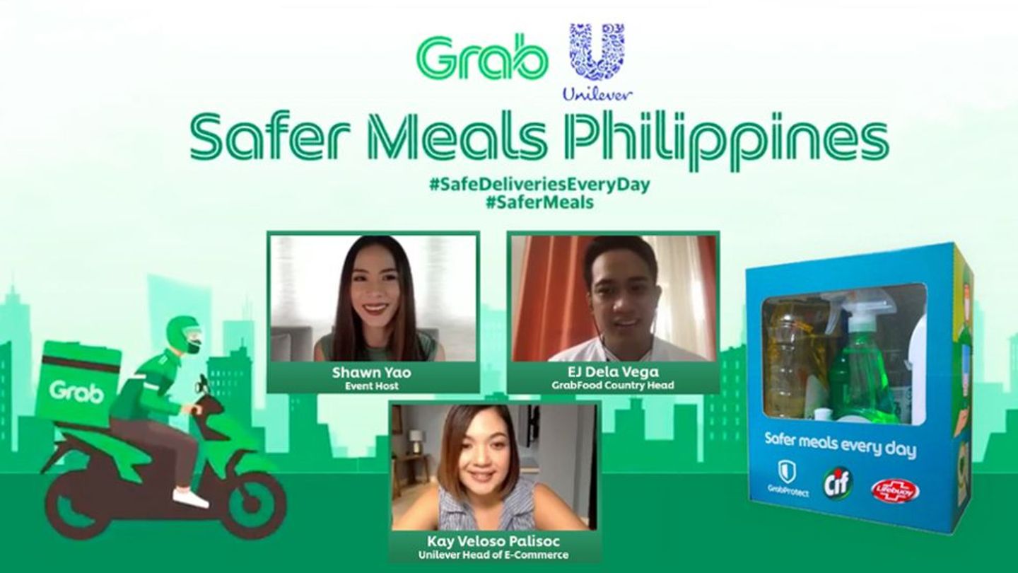 Shawn Yao, event host; EJ, GrabFood Country Head and Kay Veloso Unilever Head of E-Commerce with a sample hygiene kit.