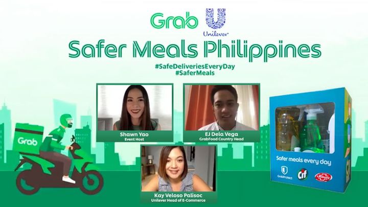 Shawn Yao, event host; EJ, GrabFood Country Head and Kay Veloso Unilever Head of E-Commerce with a sample hygiene kit.