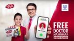 Image of a doctor holding up his phone with Sehat Kahani app and a girl holding lifebuoy soap