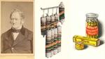Ein Bild von Carl Heinrich Knorr, daneben historischen Abbildungen von der Erbswurst und den Fleischbrühwürfeln