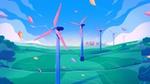 An animated image of multiple wind turbines