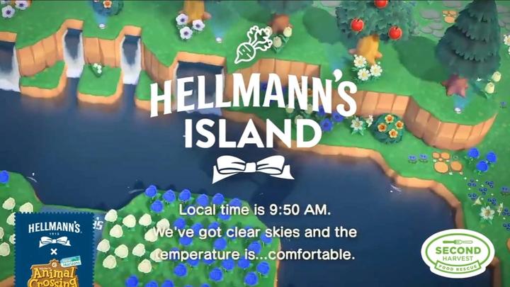 Screenshot of Animal Crossing game with Hellmann’s Island title