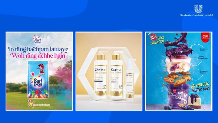 A collage of print ads of HUL brands such as Surf excel, Dove and Kwality Wall's with the HUL logo on the top right corner against a blue background 