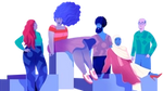An illustration of a group of diverse people sitting on blocks