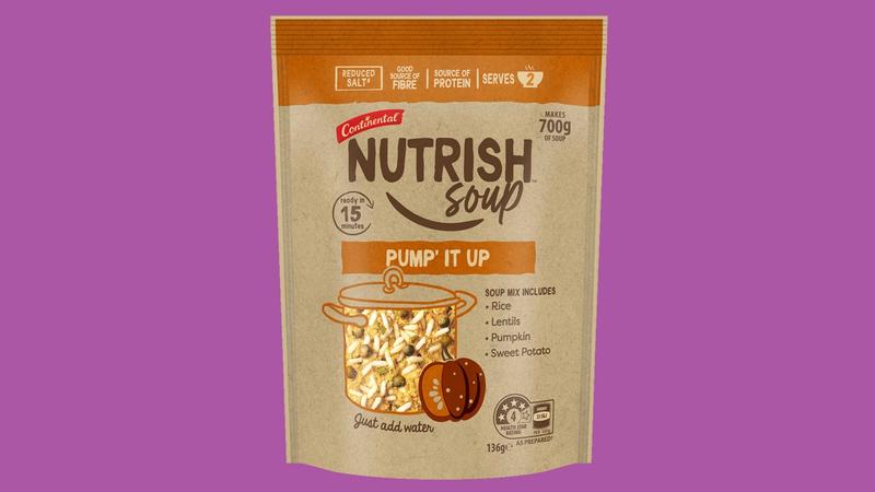 A packet of Nutrish Soup on a purple background.