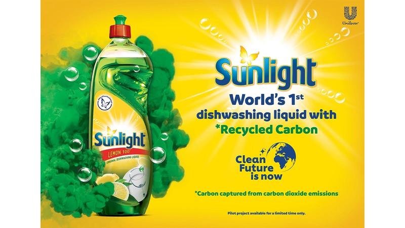 Bottle of Sunlight hand-dishwashing liquid, world’s first dishwashing liquid with recycled carbon